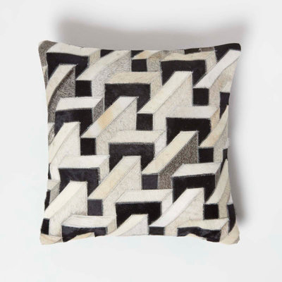 Homescapes Geometric Block & Leather Cushion 45 X 45 Cm Brown/Cream