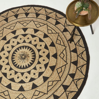 Homescapes Natural & Mandala Braided Jute Rug, 90 Cm Round Black