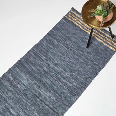 Homescapes Grey Recycled Leather Handwoven Stripe Rug66 X 200 Cm from B&Q