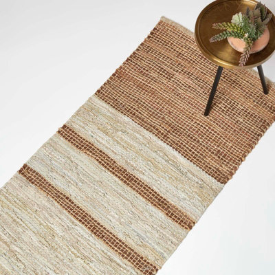 Homescapes Recycled Leather Handwoven Stripe Rug, 66 X 200 Cm Brown