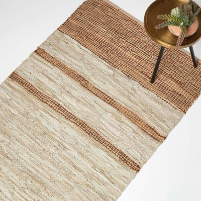 Homescapes Brown Recycled Leather Handwoven Stripe Rug, 90 X 150 Cm