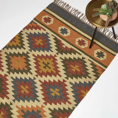 Homescapes Lucea & Kilim Wool Rug 120 X 170 Cm Orange/Blue