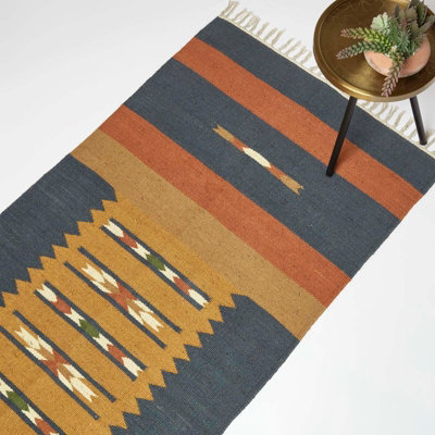 Homescapes Lundi & Kilim Runner Cotton & Jute Rug 66 X 200 Cm Orange/Blue