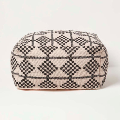 Homescapes Adana Handwoven Textured Natural & Pouffe Bean Cube Black