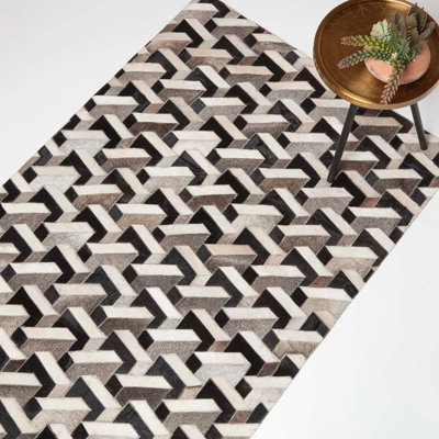 B&Q -  Grey & Black Geometric Leather Rug90 X 150 Cm
