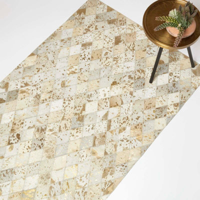 Homescapes Gold & Grey Geometric Diamond Leather Rug90 X 150 Cm from B&Q