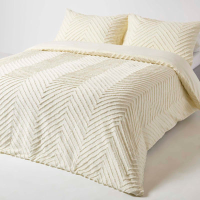 Homescapes Off Chevron Cotton Tufted Duvet Cover Set, Single White