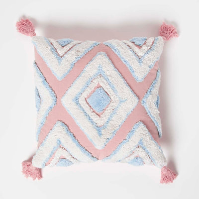 Homescapes Geometric Ikat Blue & Pink Tufted Cotton Cushion With Tassels 45 X 45 Cm from B&Q
