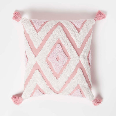 Homescapes Geometric Ikat White & Pink Tufted Cotton Cushion With Tassels 45 X 45 Cm from B&Q