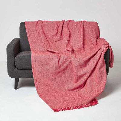 B&Q -  Malda Red & White Cotton Throw With Tassels 225 X 255 Cm