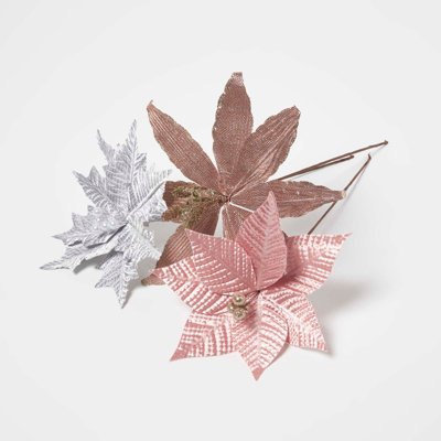 Homescapes Set Of 3 Artificial Pink Handcrafted Poinsettia Single Stem Decorations45 Cm from B&Q