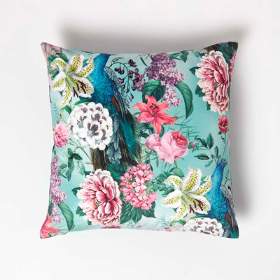 Homescapes Floral Peacock Pink & Green Filled Velvet Cushion 46 X 46 Cm from B&Q