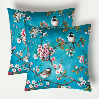 Homescapes Luxury Outdoor Cushions 2 Set, Waterproof Filled Cushion, Soft-Touch, Floral Birds, For Garden, Indoors, 45X45 Cm Blue