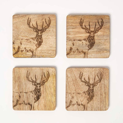 B&Q -  Wooden Coaster Set With Stag DesignSet Of 4