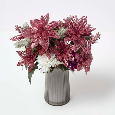 Homescapes Set Of 2 Artificial Red & White Glitter Poinsettia Bouquets from B&Q