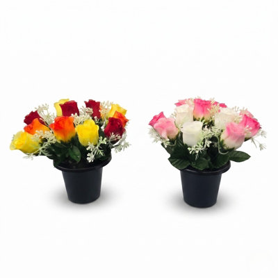 Homescapes Artificial Rosebud & Mimosa GravepotSet Of 2 Memorial Flowers from B&Q