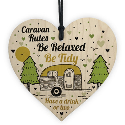 Red Ocean Caravan Rules Novelty Hanging Handmade Wooden Heart Plaque Caravan Accessories Retirement Gifts from B&Q