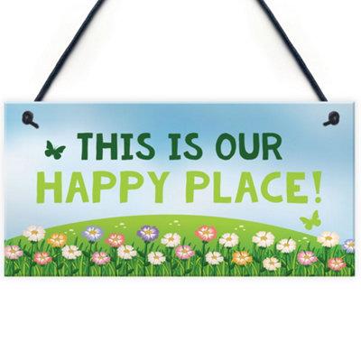 Red Ocean Novelty Garden Signs Our Happy Place Summerhouse Signs Garden Shed Signs Family Gift from B&Q