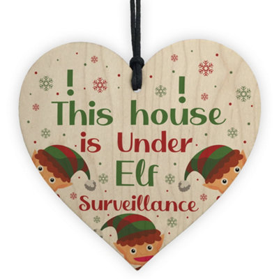 Red Ocean Elf Sign Elf Accessories Wood Heart Under Elf Surveillance Christmas Decoration Gift from B&Q