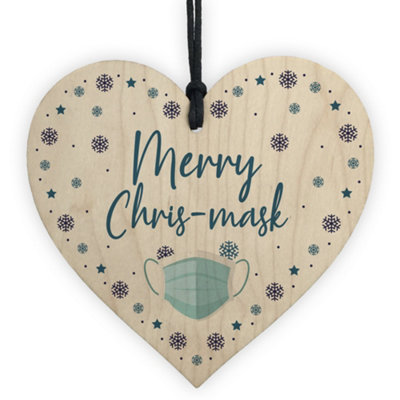 Red Ocean Funny Christmas Tree Decoration Wood Heart Lockdown Quarantine Gift Keepsake from B&Q
