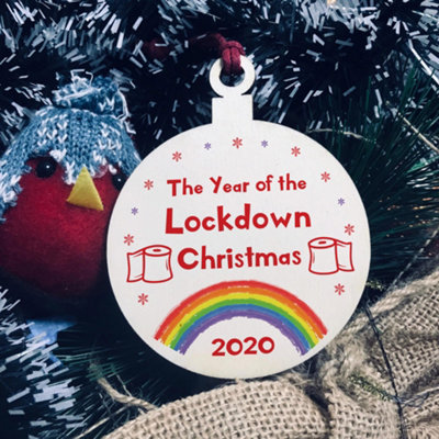 Red Ocean Lockdown Wood Bauble For Christmas Tree Rainbow Quarantine Family Gift from B&Q