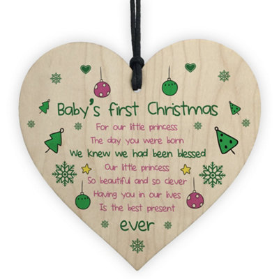Red Ocean Baby's First Christmas Wooden Heart Bauble Tree Decoration Gift For Daughter Baby Child from B&Q