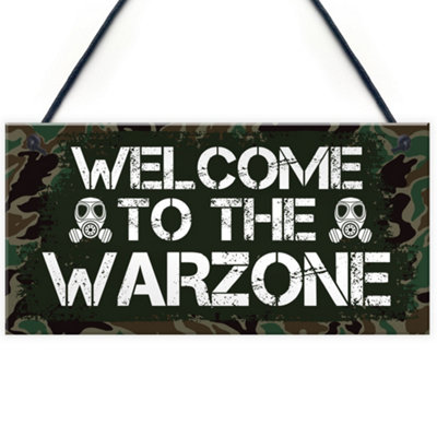 Red Ocean Welcome To The Warzone Gaming Sign Gamer Gift Bedroom Door Sign For Son from B&Q