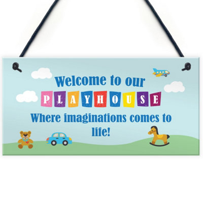 Red Ocean Welcome To Our Playhouse Sign Garden Playroom Plaque Daughter Son Gift from B&Q