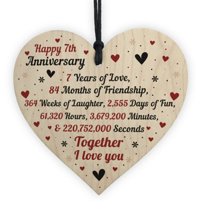 B&Q -  7Th Wedding Anniversary Gift For Him Her Wood Heart Keepsake Husband Wife Boyfriend Girlfriend