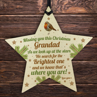 Red Ocean Grandad Robin Memorial Chirstmas Tree Bauble Wood Star Xmas Gift from B&Q