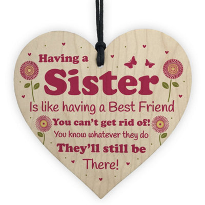 B&Q -  Funny Sister Gift Wooden Hanging Heart Quirky Sister Gift For Birthday Christmas