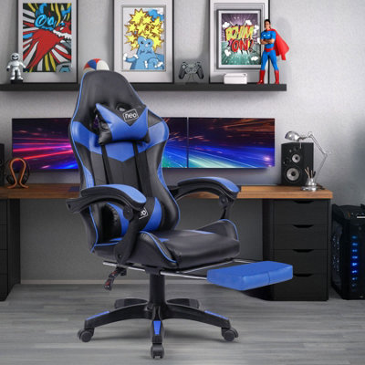 Neo Blue Massage Leather Recliner Computer Gaming Office Chair With Footrest from B&Q