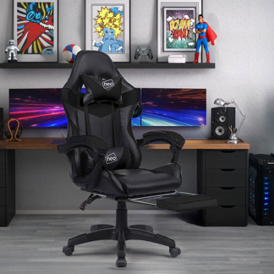 Neo Black Leather Gaming Chair with Footrest - Ergonomic Design - Lumbar & Headrest Support - High-Quality PU Leather - Black - Image 3