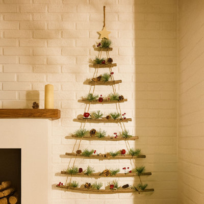 Neo Wooden Hanging Wall Xmas Christmas Tree Ladder Decoration Rustic Nordic Hygge Style With Pine Cones Red Berries Jute Rope Wall from B&Q