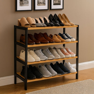 Neo Black /Natural 4-Tier Bamboo Shoe Rack Wooden Shoe Storage Organiser Shelf For Hallway, Entrance Living Room Size 4
