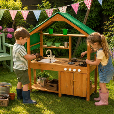Neo Direct Neo Wooden Outdoor Mud Kitchen For Kids Working Sink Play Stove, Brown - Image 3