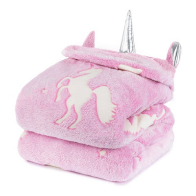 Wicked Gizmos Glow In The Dark Hooded Throw Blanket Pink Unicorn Design Soft Plush Fleece Hoodie Style Blanket For Kids Girls & Boys from B&Q