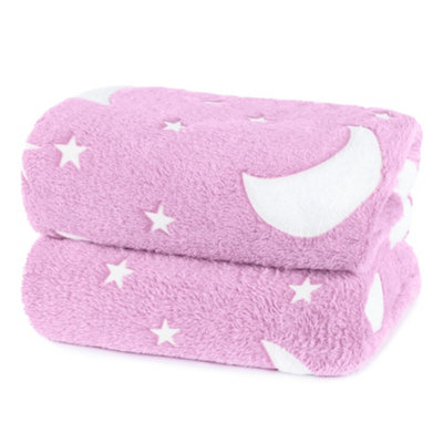 Wicked Gizmos Glow In The Dark Blanket Pink Soft Fleece Throw W/ Luminous Moon & Stars Design Cozy Lightweight & Machine Washable from B&Q
