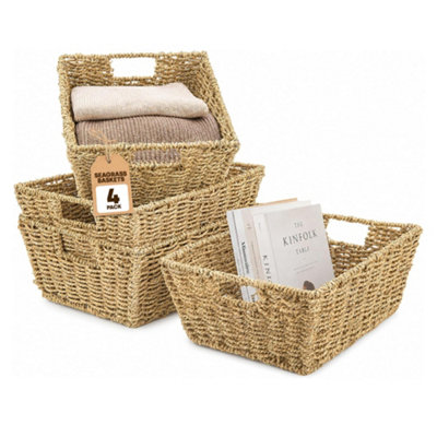 Livivo Seagrass Storage Baskets - Set Of 4 Hand-Woven Display Hampers, Natural Rattan Wicker Baskets W/Handles For Home & Office