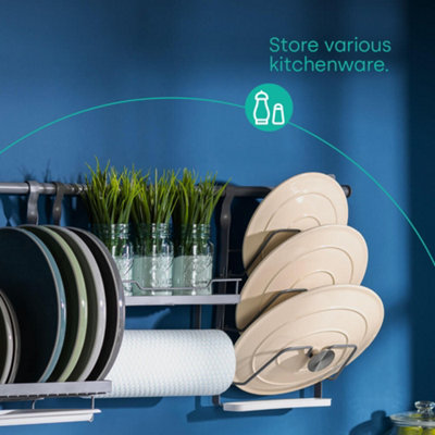 Livivo Unisex Grey Kitchen Roll Holder W/ Shelf Black Hanging Storage Rack Foldable Space Saving Kitchen Organiser In - Image 6