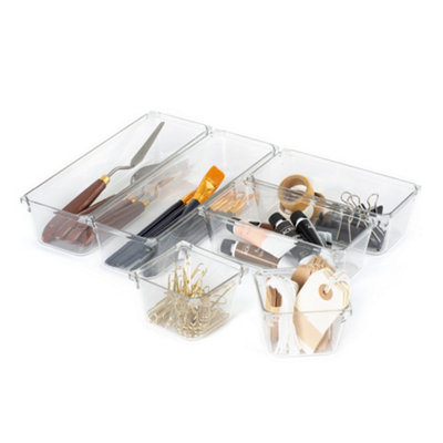 Livivo 6Pcs Clear Plastic Drawer Organiser, Versatile Desk & Kitchen Drawer Organiser - Tray For Makeup & Office Supplies