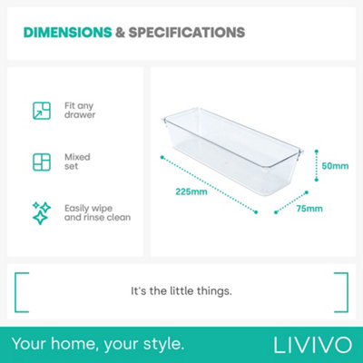 Livivo 4Pcs Clear Plastic Drawer Organiser, Versatile Desk & Kitchen Drawer Organiser - Tray For Makeup & Office Supplies - Large
