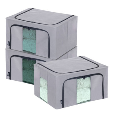 Livivo Foldable Fabric Clothes Storage Boxes With Zips - Set Of 3/ Grey