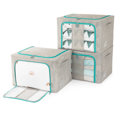 Livivo Foldable Fabric Clothes Storage Boxes With Zips - Set Of 3/ And Grey/Turquoise
