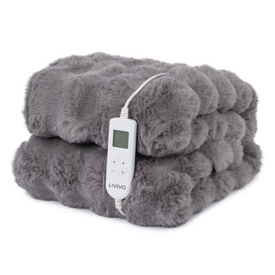 Livivo Faux Rabbit Fur Electric Heated Throw 160X130Cm Ultra Soft Grey Blanket With 10 Heat Levels Auto Shut Off And Washable