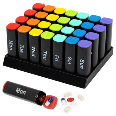 Fineway Monthly Pill Organiser 28 Day Am Pm Colour Coded Boxes With Stand Portable Medication Storage Black from B&Q