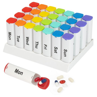 Fineway Monthly Pill Organiser 28 Day Am Pm Colour Coded Boxes With Stand Portable Medication Storage White from B&Q