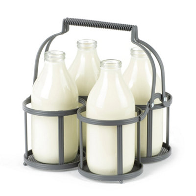 Livivo Milk Bottle Holder 4 Bottle Vintage Metal Crate Carrier Grey Doorstep Bottle Holder For Milk Wine from B&Q