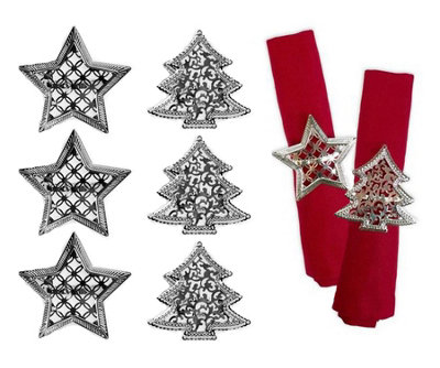 Yes-Online Set Of 6 Napkin Rings Christmas Tree Star Xmas Silver Metal Elegant Table Set from B&Q
