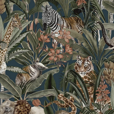 Holden Décor Holden Decor Fusion Tropical  Leaves Jungle Safari Animal Navy Wallpaper 13012 from B&Q